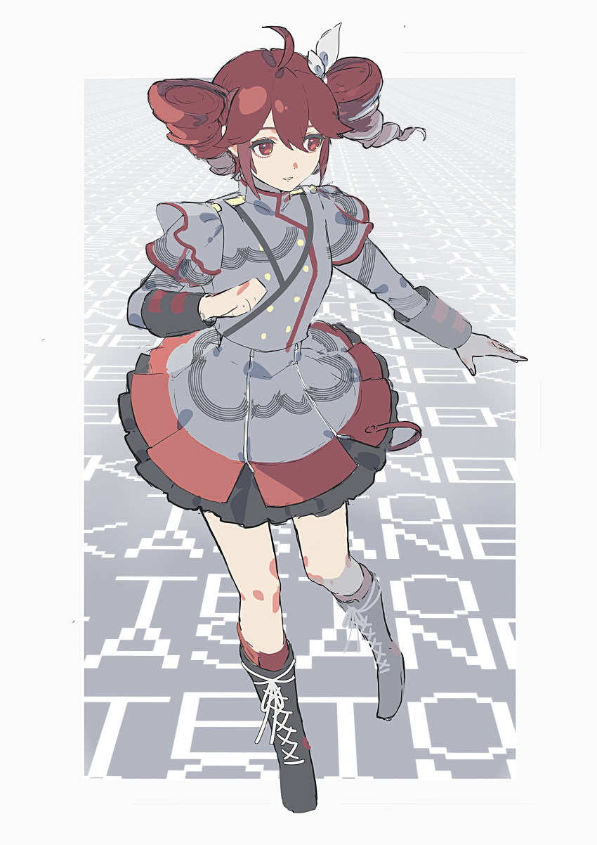 1girl, absurdres, ahoge, arm_at_side, belt, black_belt, black_boots, black_sleeve_cuffs, boots, border, buttons, clenched_hand, double-breasted, drill_hair, fingernails, full_body, gradient_background, grey_background, grey_border, grey_jacket, grey_skirt, grin, hair_between_eyes, hair_ribbon, hand_up, hashtag-only_commentary, highres, jacket, kasane_teto, kasane_teto_(sv), knee_boots, kneehighs, lace-up_boots, layered_sleeves, long_sleeves, miton_(vvse5752), musical_staff, outside_border, red_eyes, red_nails, red_skirt, red_socks, red_thighhighs, ribbon, shoulder_belt, shoulder_boards, skirt, skirt_set, smile, socks, solo, standing, standing_on_one_leg, striped_clothes, striped_jacket, striped_skirt, synthesizer_v, thigh-highs, twin_drills, twintails, utau, white_background