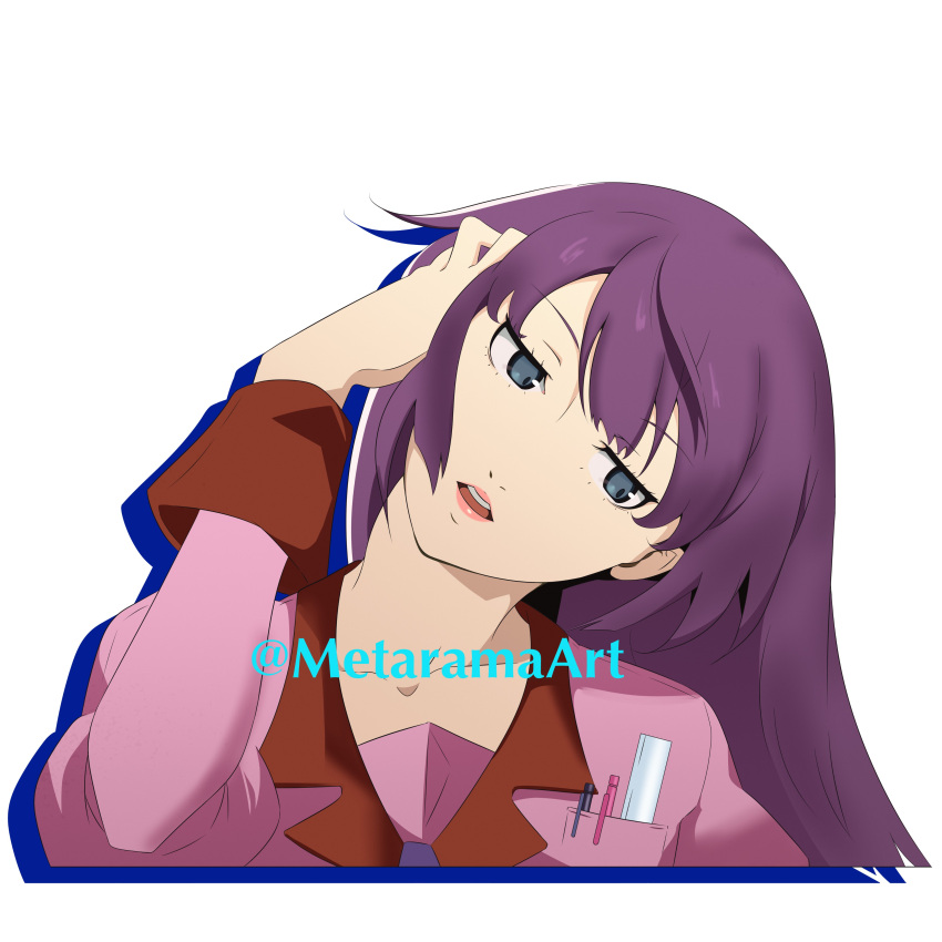 1girl, absurdres, artist_name, bakemonogatari, breast_pocket, collarbone, collared_shirt, eyelashes