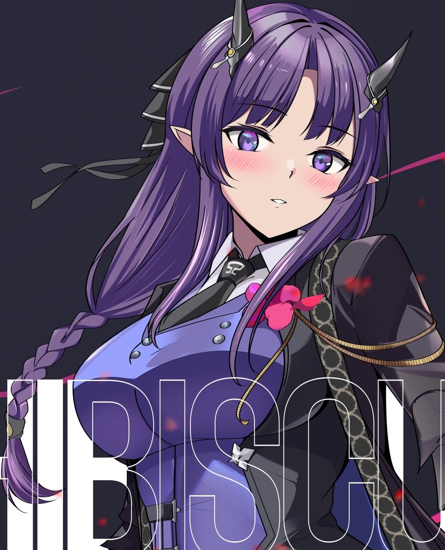 1girl, arknights, black_background, black_horns, black_jacket, black_necktie, breasts, character_name