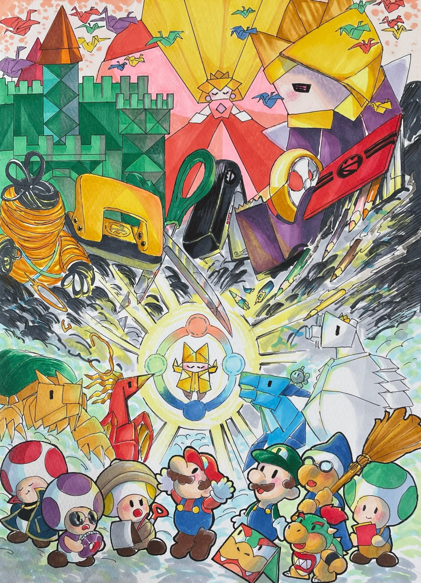 2girls, 5boys, arms_up, bad_id, bad_tumblr_id, beak, bear, bib, bird, black_eyes, blonde_hair, blue_hat, blue_overalls, blue_robe, blue_shirt, bobby_(paper_mario), bomb, bowser, bowser_jr., broom, brother_and_sister, browjob, brown_hair, brown_hat, brown_pants, brown_shoes, cabbie_hat, captain_t._ode, castle, clenched_hand, closed_eyes, closed_mouth, colored_pencil, colored_pencils_(paper_mario), commentary_request, crown, dj_toad, dragon, dress, earrings, earth_vellumental, explosive, fangs, fire_vellumental, floating, full_body, fur-trimmed_headwear, fur_trim, ghost, glasses, gloves, glowing, green_hat, green_shirt, hair_over_one_eye, hat, highres, holding, holding_broom, hole_punch_(paper_mario), hole_puncher, ice_vellumental, jewelry, kamek, king_olly, kitubanamon, long_dress, long_hair, long_sleeves, looking_at_another, luigi, mario, multiple_boys, multiple_girls, olivia_(paper_mario), opaque_glasses, open_mouth, origami, origami_craftsman, outstretched_arms, overalls, oversized_object, pants, paper, paper_crane, paper_luigi, paper_mario, paper_mario:_the_origami_king, paper_mario_(character), paper_peach, pencil, phoenix, pink_dress, polar_bear, ponytail, poster_(medium), princess_peach, professor_toad_(mario), purple_shirt, red_hair, red_hat, robe, rubber_band, rubber_band_(paper_mario), scissors, scissors_(paper_mario), shirt, shoes, short_hair, short_ponytail, shovel, siblings, smile, smoke, solid_oval_eyes, sphere_earrings, spiked_shell, spoilers, standing, stapler, stapler_(paper_mario), sunglasses, super_mario_bros., tape, tape_(paper_mario), tiptoes, traditional_media, turtle, very_short_hair, water_vellumental, white_eyes, white_gloves, winding_key, wristband, yellow_hat, yellow_overalls, yellow_shirt
