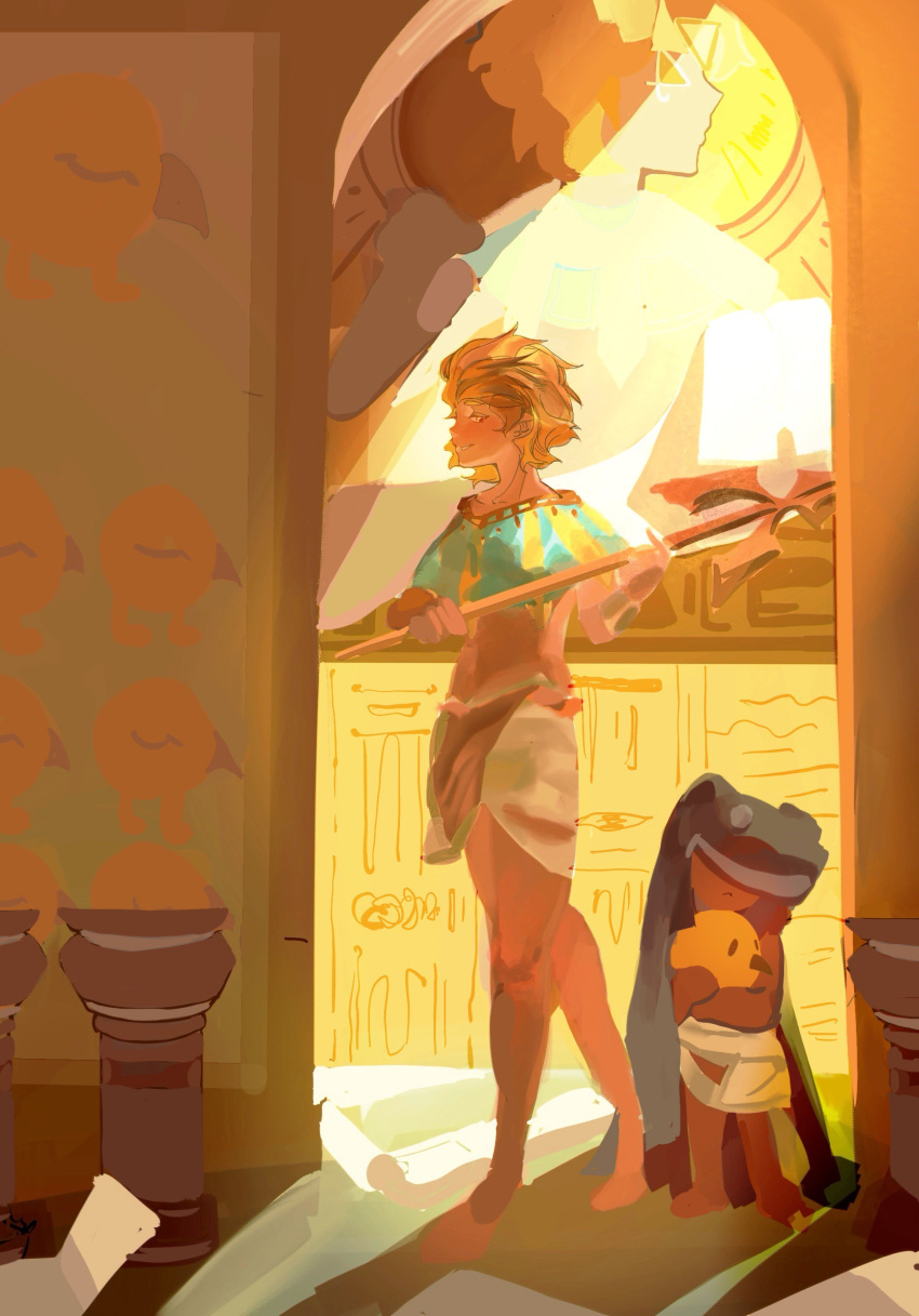 1boy, 1girl, ancient_egyptian_architecture, blonde_hair, burnt_cheese_cookie, child, cookie_run, cookie_run:_kingdom, dark-skinned_female, dark-skinned_male, dark_skin, golden_cheese_cookie, highres, holding, holding_polearm, holding_weapon, polearm, short_hair, suckew, weapon
