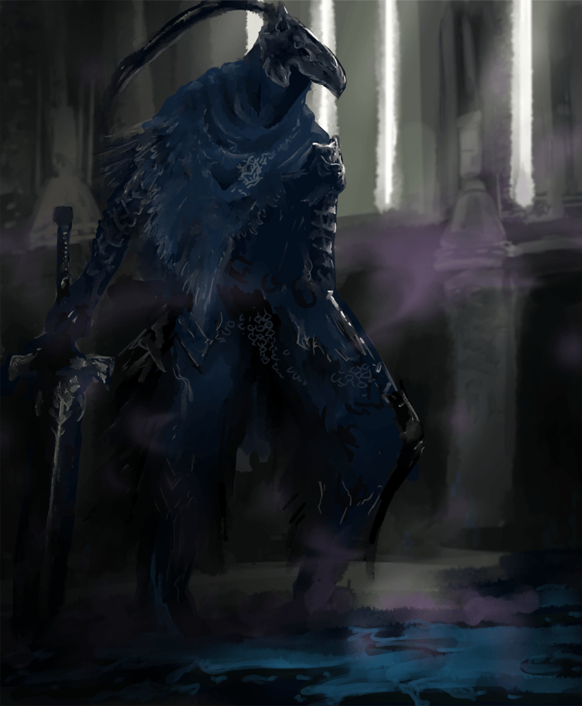 1boy, aby, armor, armored_boots, artorias_the_abysswalker, blue_cape, boots, breastplate, cape, commentary_request, dark_souls_(series), dark_souls_i, full_body, helmet, highres, holding, holding_sword, holding_weapon, indoors, knight, looking_afar, male_focus, plume, puddle, solo, standing, sunlight, sword, weapon