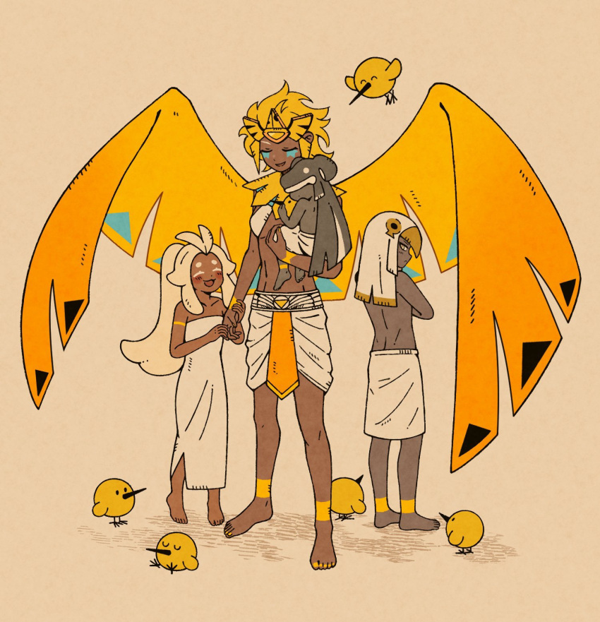 2boys, 2girls, blonde_hair, burnt_cheese_cookie, child, cookie_run, cookie_run:_kingdom, dark-skinned_female, dark-skinned_male, dark_skin, golden_cheese_cookie, golden_wings, highres, lattexx, long_hair, looking_at_another, mozzarella_cookie, multiple_boys, multiple_girls, short_hair, smoked_cheese_cookie