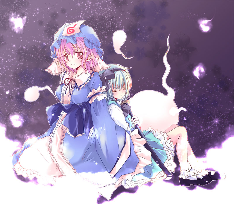 back-to-back, blush, ghost, hairband, hat, hitodama, japanese_clothes, katana