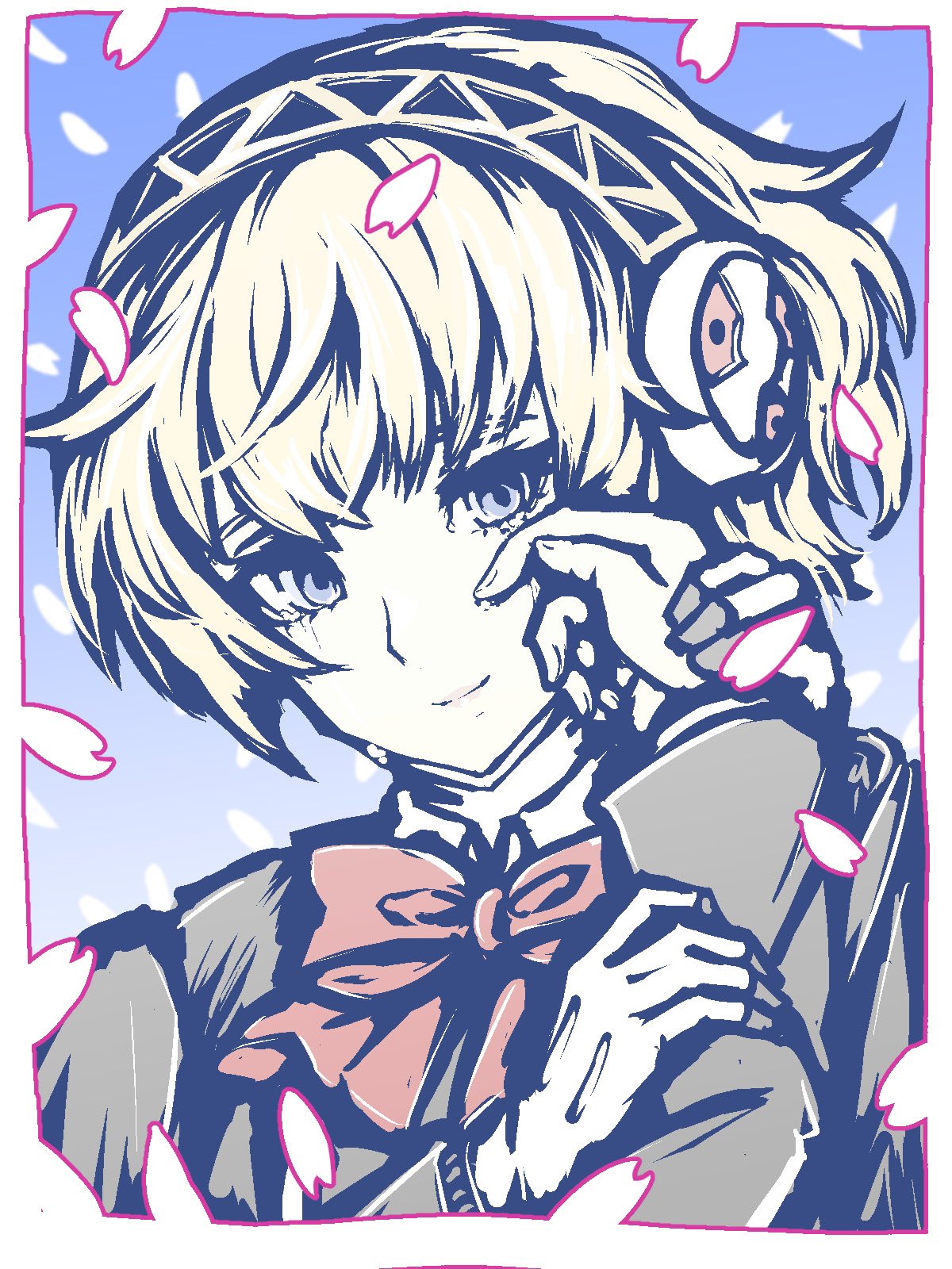 1girl, 1other, aigis_(persona), blonde_hair, bow, bowtie, crying, fingernails, highres, persona, persona_3, pov, red_bow, red_bowtie, short_hair, solo_focus, tsukihi_shida