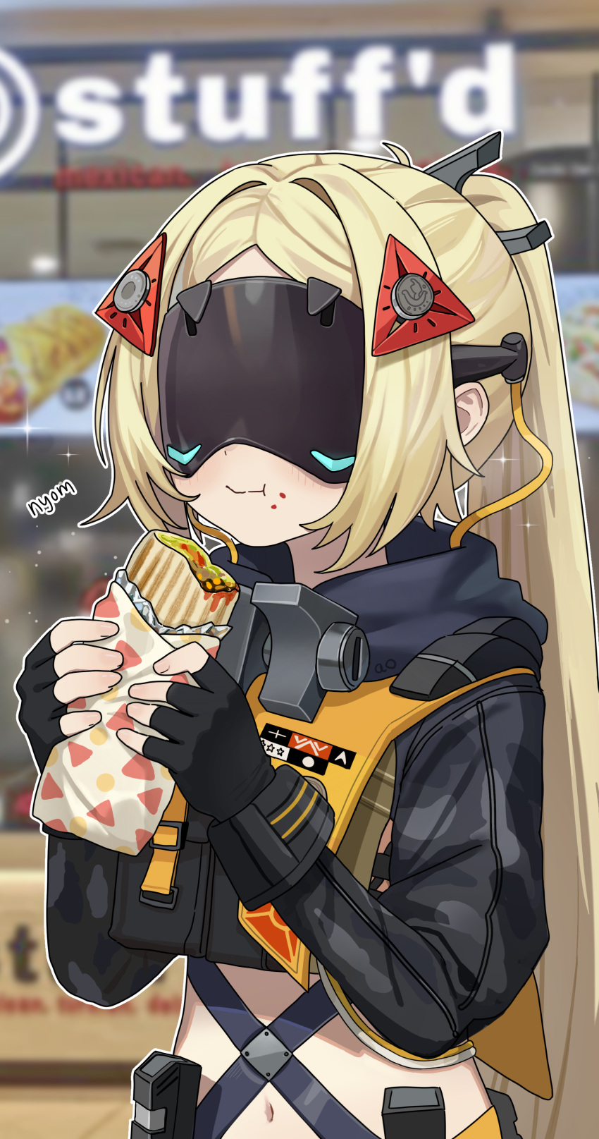 1girl, absurdres, aowow, black_gloves, blindfold, blonde_hair, burrito, commentary
