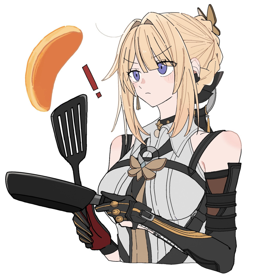 !, 1girl, blonde_hair, elbow_gloves, evelyn_chevalier, food, gloves, half_gloves