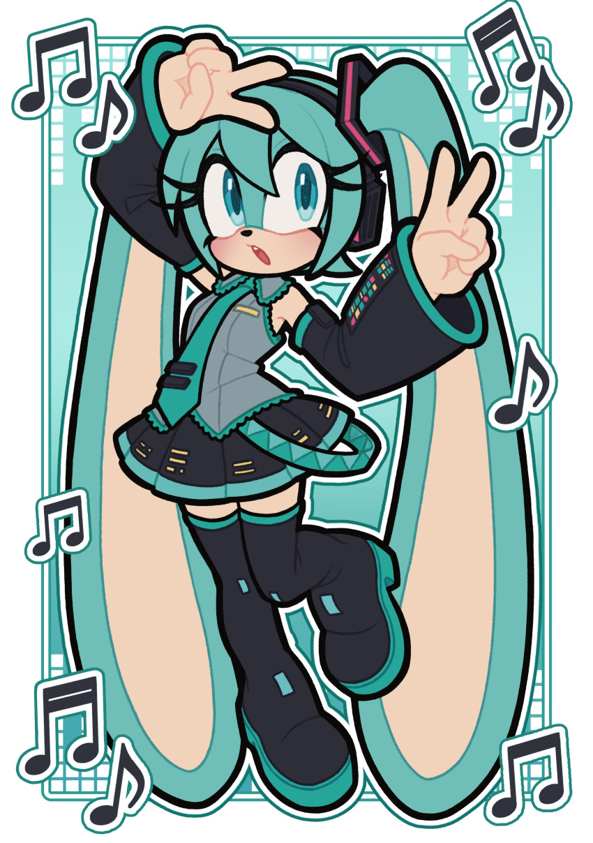 absurdres, animal_ears, aqua_eyes, aqua_hair, aqua_necktie, black_sleeves, detached_sleeves, double_v, flora_(florathemoth), furry, furry_female, hatsune_miku, headphones, headset, highres, long_hair, necktie, rabbit, rabbit_ears, sonic_(series), twintails, v, very_long_hair, vocaloid