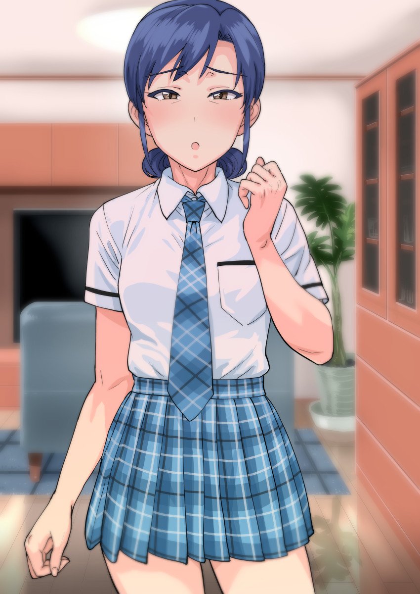 1girl, :o, blue_hair, blue_necktie, blue_skirt, blush, breast_pocket, brown_eyes