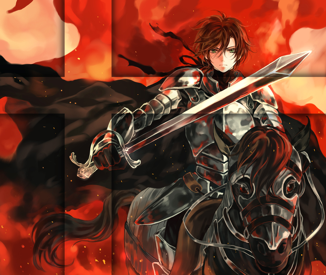 armor, bad_id, barding, brown_hair, cape, fire, gloves, green_eyes