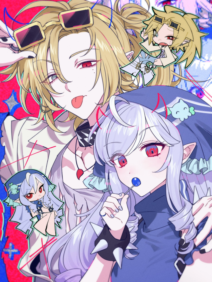1boy, 1girl, black_nails, blonde_hair, blue_eyes, candy, chibi, chusi_0122