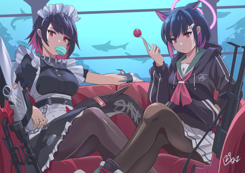 2girls, absurdres, animal_ears, assault_rifle, black_dress, black_hair, black_hoodie, black_pantyhose, blue_archive, candy, cat_ears, cat_girl, colored_inner_hair, couch, crossover, dress, ellen_joe, fins, fish_tail, food, green_sailor_collar, gun, halo, highres, holding, holding_candy, holding_food, holding_lollipop, hood, hoodie, kazusa_(blue_archive), lollipop, looking_at_viewer, maid, maid_headdress, multicolored_hair, multiple_girls, nikulas_cage, on_couch, pantyhose, pink_hair, pink_halo, red_eyes, rifle, sailor_collar, shark_girl, shark_tail, short_hair, sword, tail, weapon, white_headdress, zenless_zone_zero