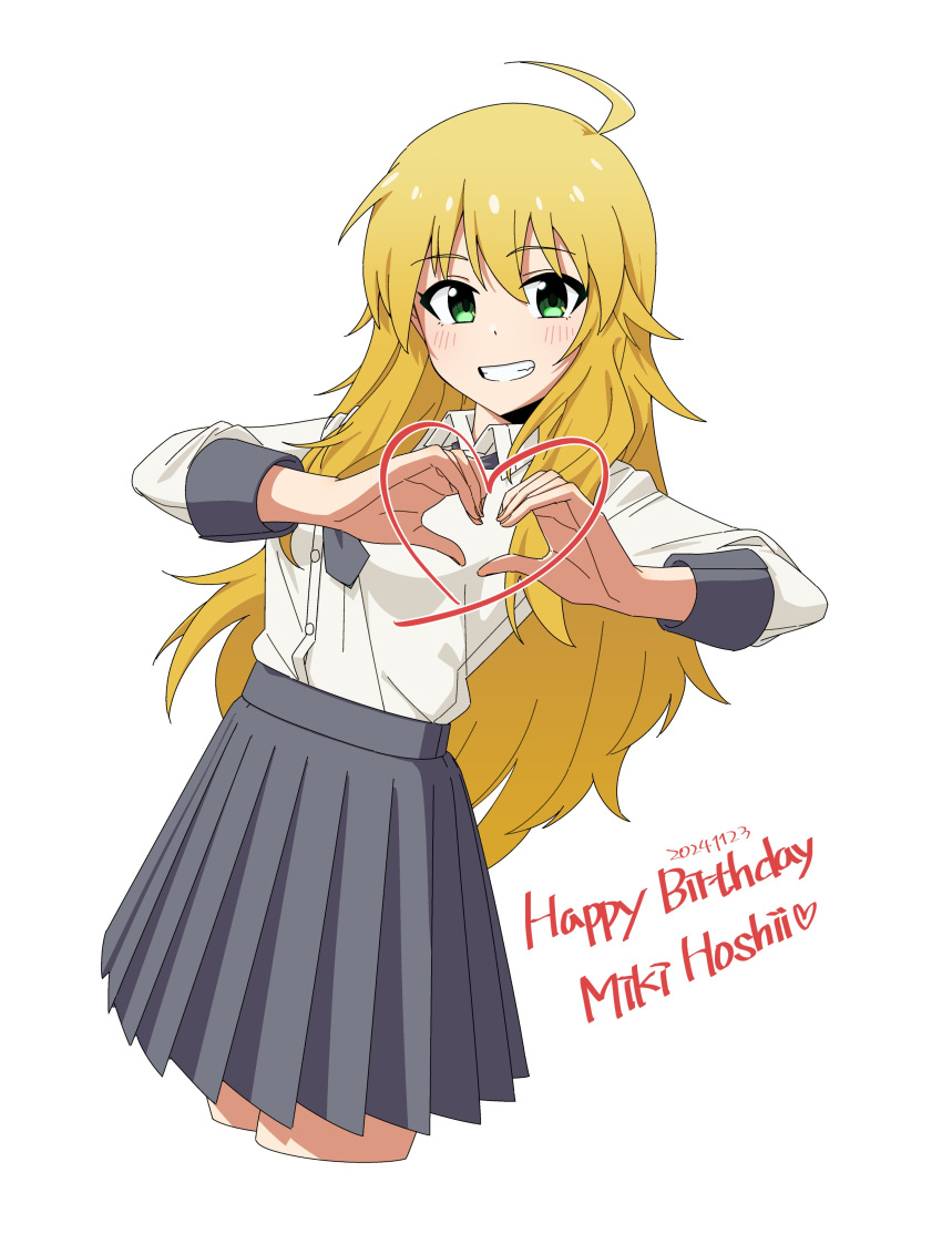 1girl, absurdres, ahoge, bakawahitori, blonde_hair, blush, character_name, collared_shirt