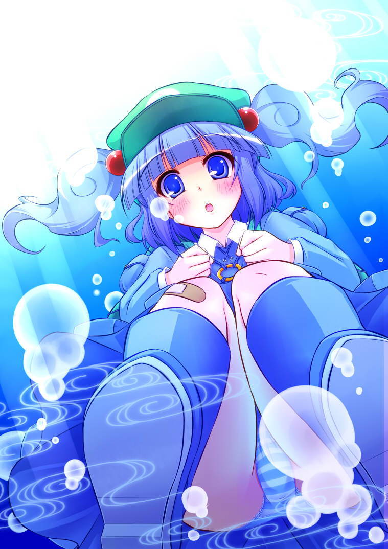backpack, bag, bandaid, bangs, blue_eyes, blue_hair, blunt_bangs, blush