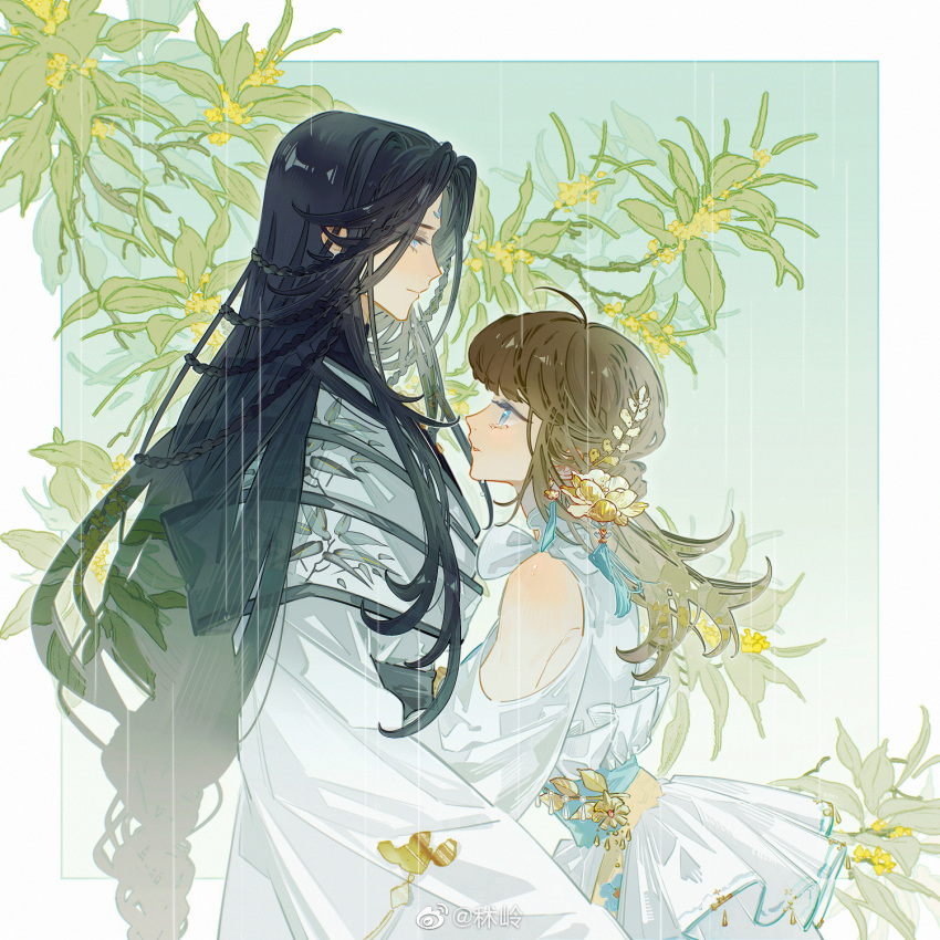 1boy, 1girl, ahoge, aqua_background, bamboo_print, bare_shoulders, black_hair, black_sash