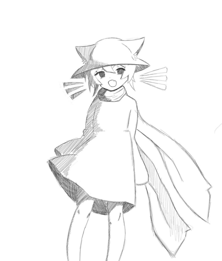 1other, arms_behind_back, cat_ears, dress_shirt, fang, hand_behind_waist, hat, hat_with_ears, looking_at_viewer, monochrome, niko_(oneshot), oneshot_(game), scarf, sergachekram_(artist), solo, whiskers, white_background