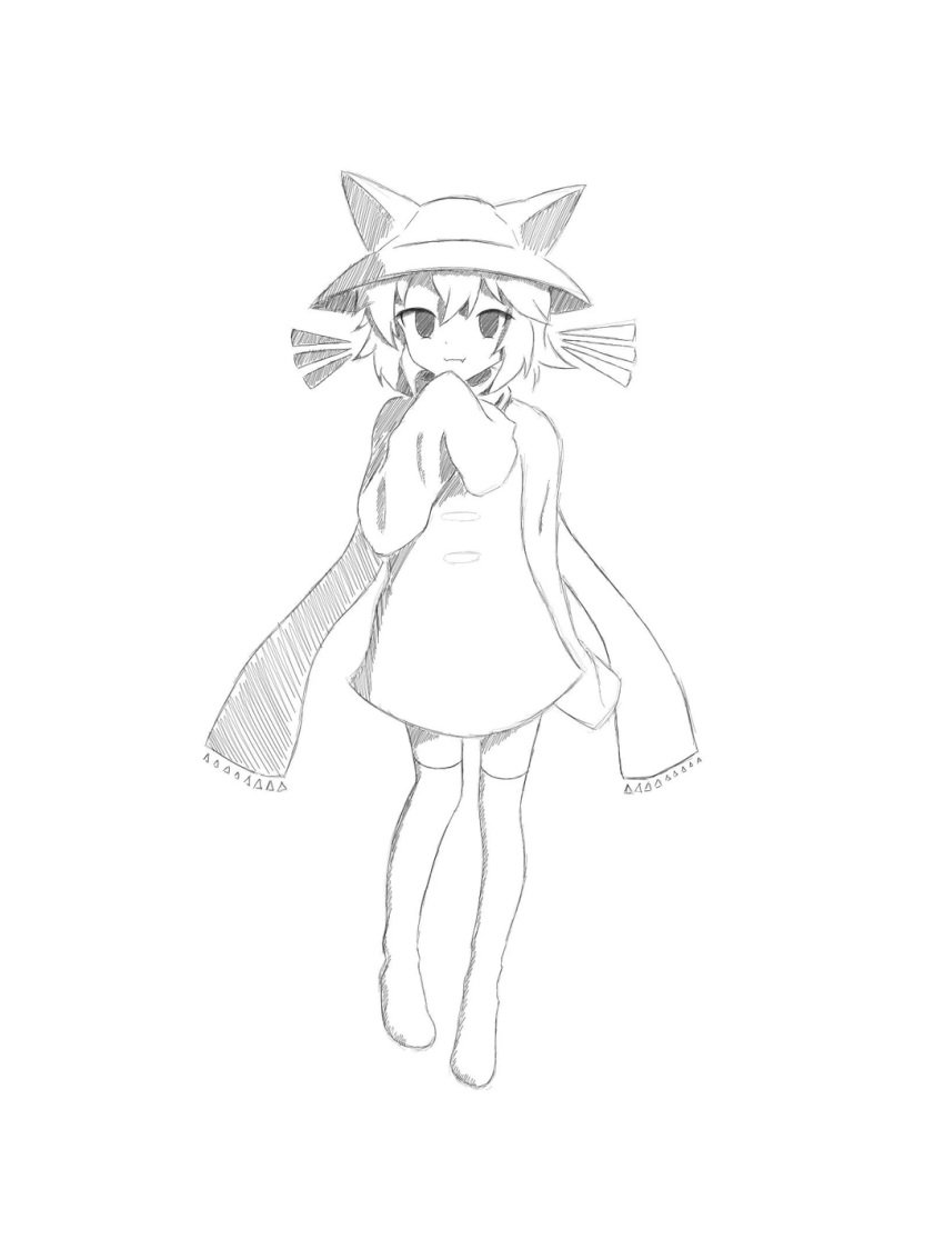 1other, cat_ears, hat, hat_with_ears, leggings, monochrome, niko_(oneshot), oneshot_(game), oversized_clothes, scarf, sergachekram_(artist), short_hair, smile, solo, whiskers, white_background