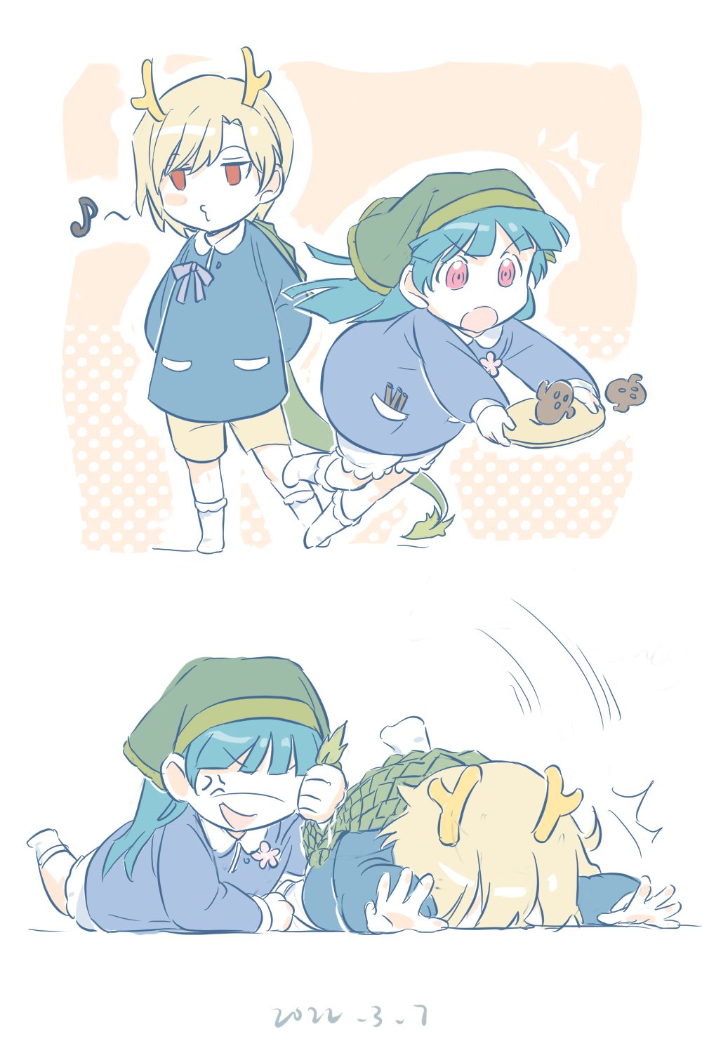 2girls, antlers, blue_shirt, dragon_girl, dragon_horns, dragon_tail, fur-tipped_tail, green_headscarf