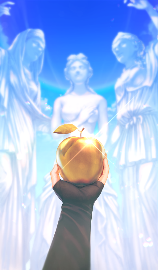 1boy, aphrodite_(mythology), apple, black_gloves, blue_background, blue_sky, blurry, blurry_background