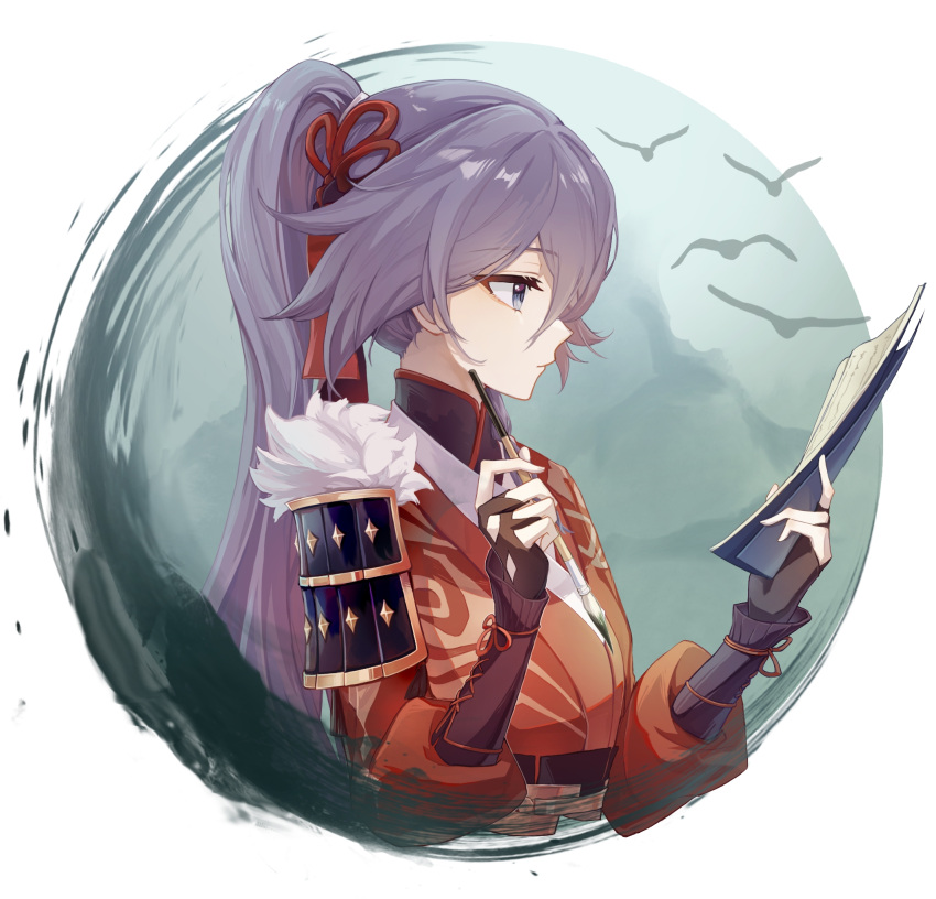 1girl, armor, bird, black_gloves, blue_eyes, calligraphy_brush, chinese_clothes, chinese_commentary