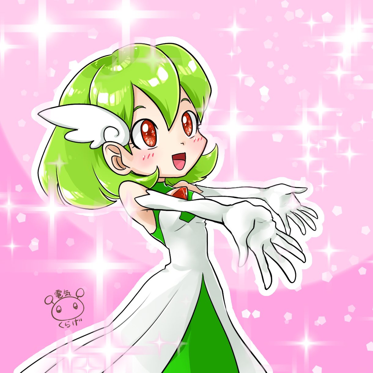 1girl, blush, denkikurage1105, dress, gardevoir, gloves, green_hair, highres