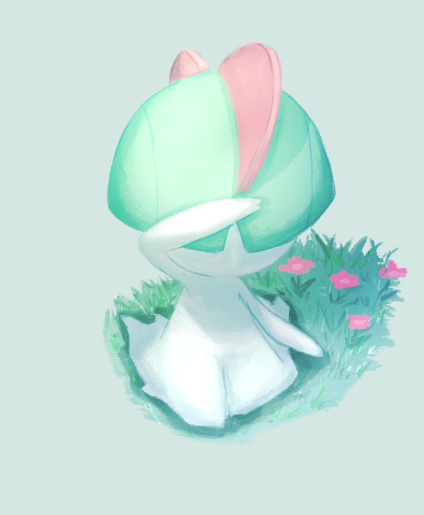 bowl_cut, colored_skin, flower, grass, green_background, hair_over_eyes, highres, horns