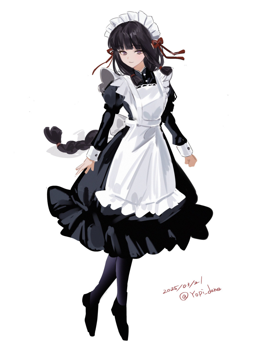 1girl, absurdres, alternate_costume, apron, black_dress, black_hair, blunt_bangs, braid, dress, enmaided, full_body, highres, kantai_collection, kitakami_(kancolle), long_hair, maid, maid_headdress, one-hour_drawing_challenge, simple_background, single_braid, solo, standing, violet_eyes, white_apron, white_background, yopi_(yopi_dane)
