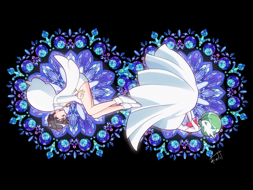 2girls, aino_sushi, brown_hair, closed_eyes, colored_skin, diantha_(pokemon), dress, from_side, gardevoir, green_hair, highres, jacket, mega_gardevoir, mega_pokemon, multiple_girls, pokemon, pokemon_(creature), pokemon_xy, shoes, stained_glass, strapless, strapless_dress, white_dress, white_jacket, white_shoes, white_skin