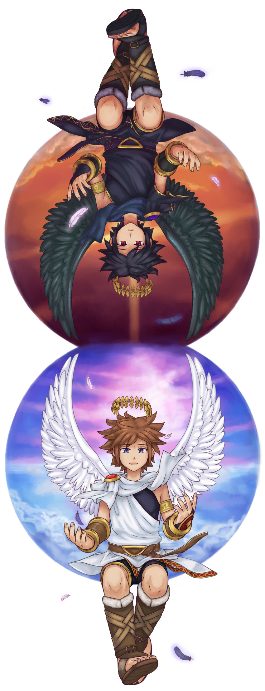 2boys, absurdres, angel, angel_wings, azuru_(cyandine), bike_shorts, black_hair, blue_eyes, brown_hair, dark_pit, feathers, full_body, highres, kid_icarus, kid_icarus_uprising, laurel_crown, looking_at_viewer, male_focus, multiple_boys, parted_lips, pit_(kid_icarus), red_eyes, rotational_symmetry, siblings, transparent_background, twins, wings