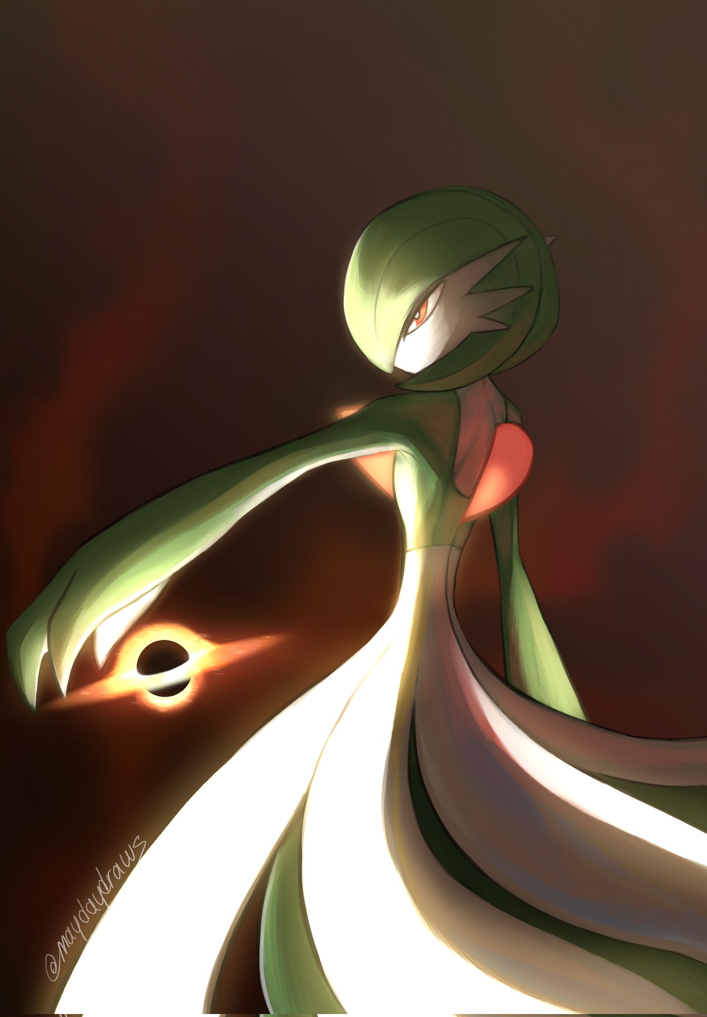 artist_name, bob_cut, colored_skin, dress, gardevoir, gardevoir_day, green_hair, green_skin, highres, maydaydraws, multicolored_skin, pink_eyes, pokemon, pokemon_(creature), two-tone_skin, white_dress, white_skin
