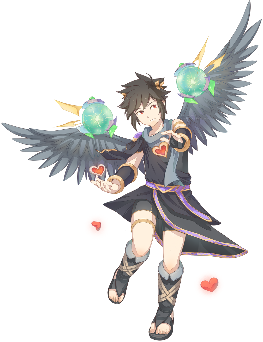 1boy, angel_wings, azuru_(cyandine), bike_shorts, black_hair, dark_pit, full_body, gold_thighlet, heart, highres, kid_icarus, kid_icarus_uprising, laurel_crown, male_focus, red_eyes, shock_orbitars_(kid_icarus), smile, solo, transparent_background, wings