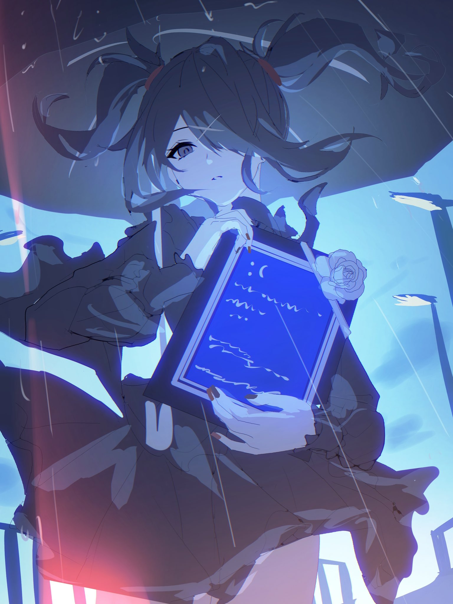 1girl, ame-chan_(needy_girl_overdose), black_dress, black_eyes, black_hair, black_nails, black_umbrella, blue_screen_of_death