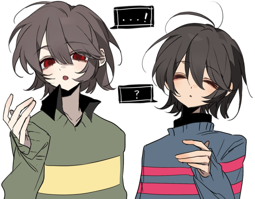 !, ..., 2others, :o, ?, ^_^, ahoge, antenna_hair, blue_sweater, bob_cut, brown_hair, chara_(undertale), closed_eyes, collared_shirt, double-parted_bangs, eyes_visible_through_hair, facing_viewer, frisk_(undertale), green_sweater, hair_between_eyes, hand_up, highres, long_sleeves, multiple_others, nuobeiyhengaoxingrenshini, open_mouth, other_focus, pink_sweater, puffy_long_sleeves, puffy_sleeves, shirt, short_hair, side-by-side, simple_background, sleeves_past_wrists, spoken_ellipsis, spoken_exclamation_mark, spoken_question_mark, striped_clothes, striped_sweater, sweater, turtleneck, turtleneck_sweater, two-tone_sweater, undertale, upper_body, white_background, yellow_sweater