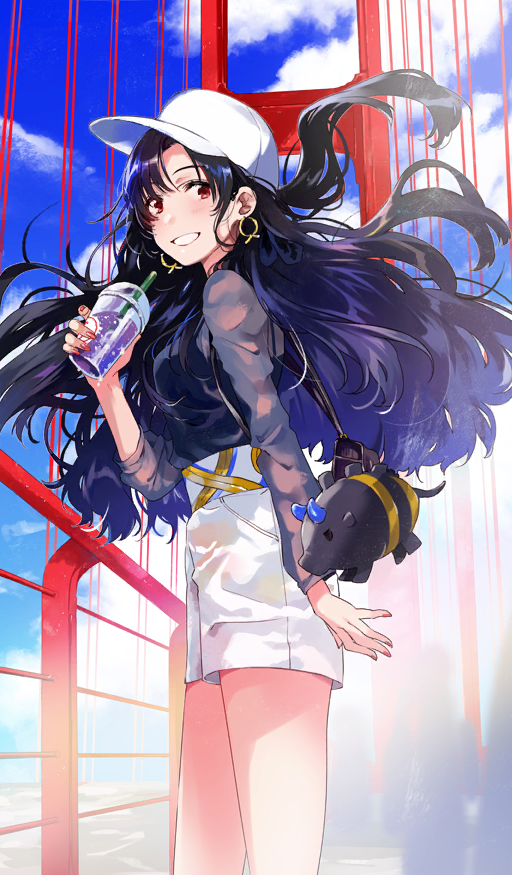 1girl, baseball_cap, black_hair, black_shirt, blue_sky, bridge, brown_bag, clouds