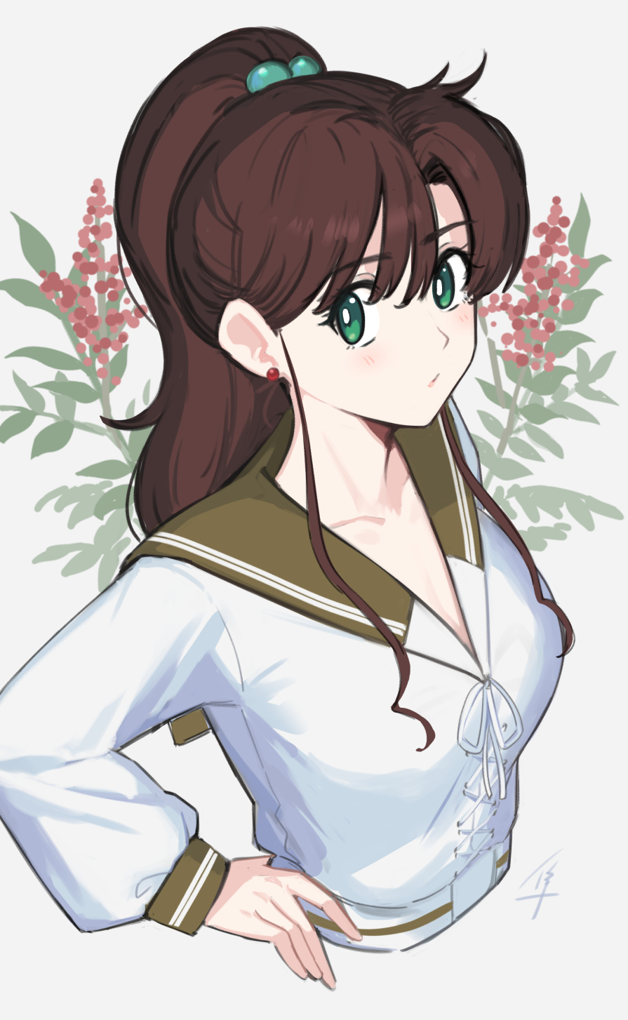 1girl, bishoujo_senshi_sailor_moon, brown_hair, collarbone, flower, green_eyes, green_sailor_collar, hair_bobbles