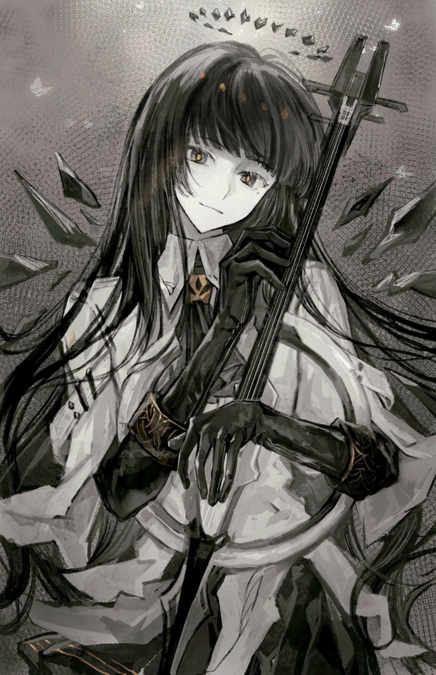 1girl, arknights, black_eyes, black_gloves, black_hair, black_halo, chinese_commentary, closed_mouth