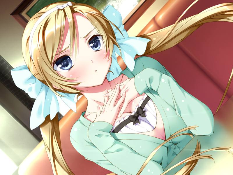 blonde_hair, blue_eyes, blush, bow, breasts, bust, cleavage, dutch_angle