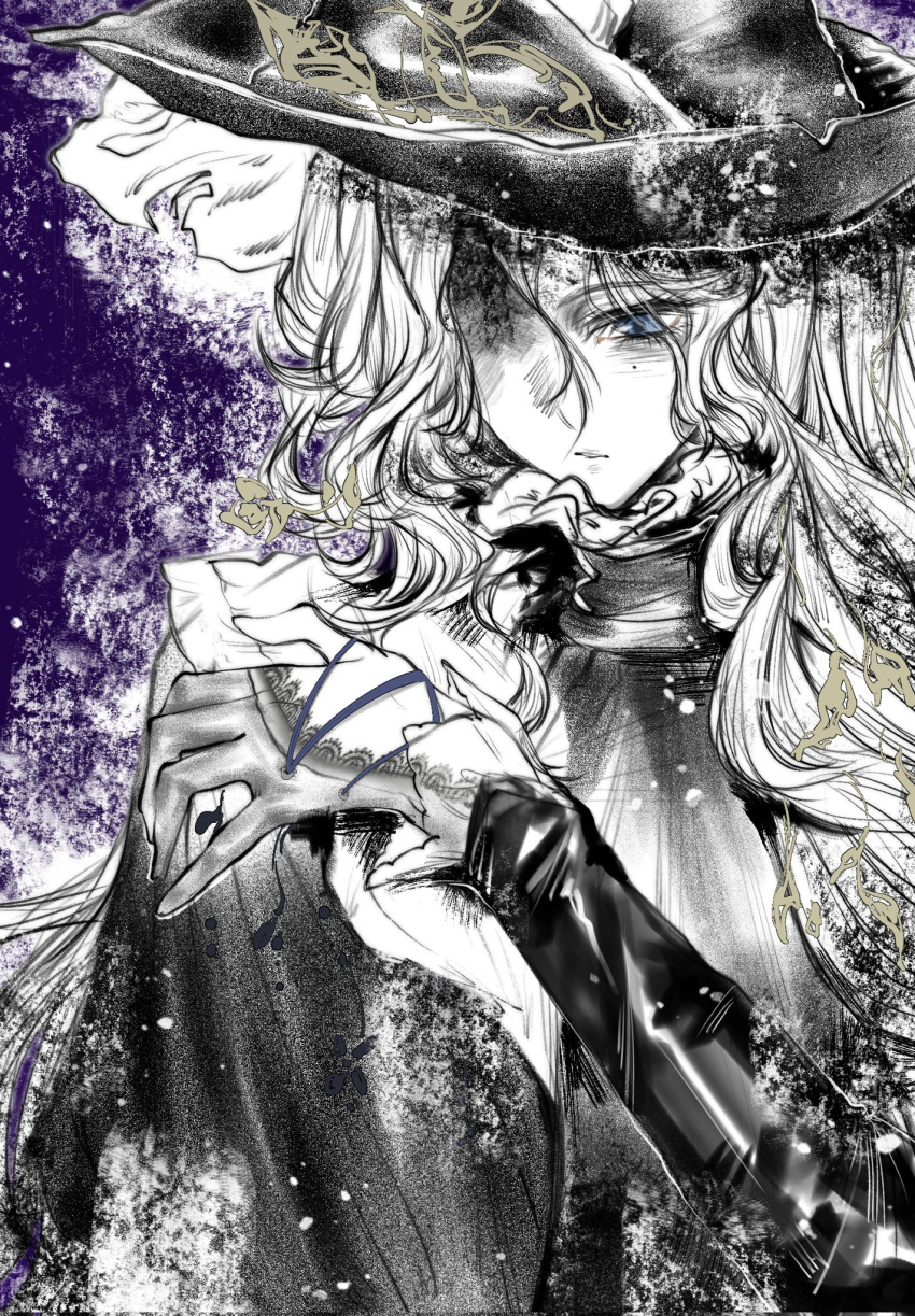 1girl, blue_eyes, cape, closed_mouth, eat_cola, gloves, greyscale_with_colored_background, hair_ornament