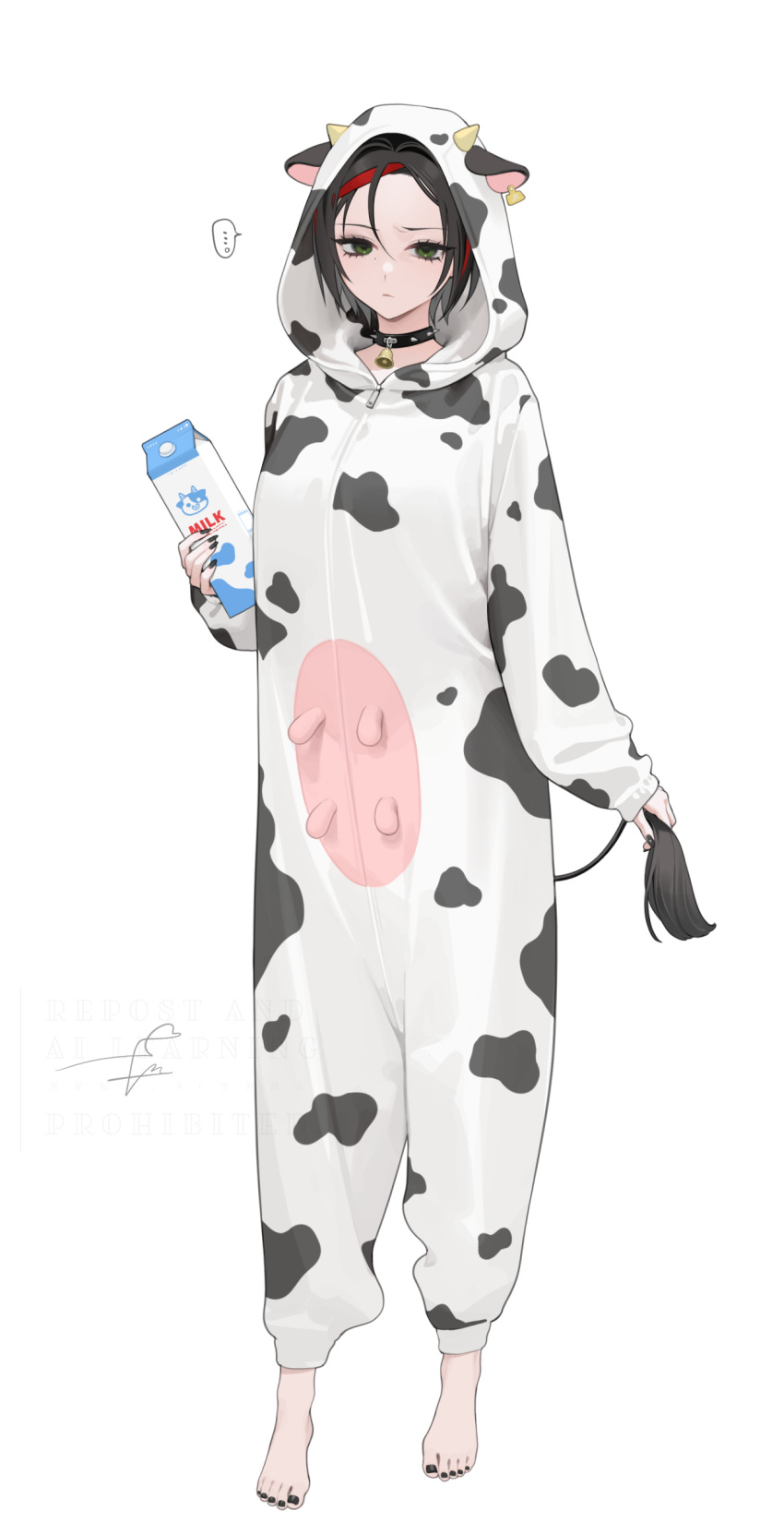 1girl, absurdres, animal_costume, barefoot, bird, black_choker, black_hair, choker, commentary_request, cow_costume, crow, crow_(nikke), feet, full_body, goddess_of_victory:_nikke, highres, holding, holding_milk_carton, milk_carton, ohisashiburi, piercing, short_hair, simple_background, solo, white_background