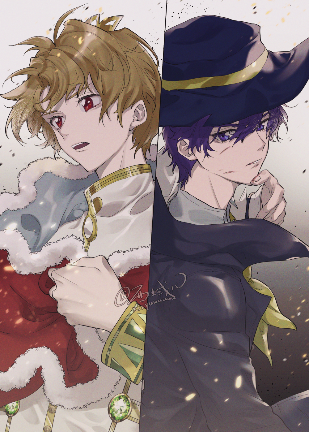 2boys, artist_name, black_jacket, blue_hat, bright_(futagohime), brown_hair, cape, crown