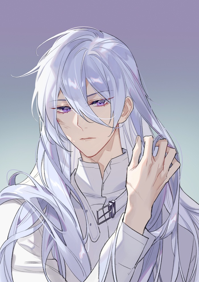 1boy, buckle, cael_anselm, cael_anselm_(spirit_world), chinese_commentary, closed_mouth, gradient_background, hair_between_eyes