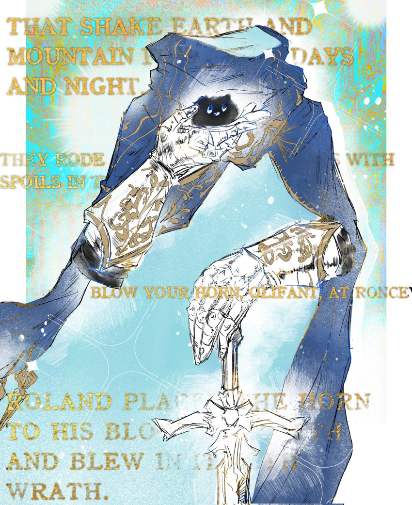 1boy, a_knight_(reverse:1999), aqua_background, armor, blue_cape, border, cape, carbuncle_(reverse:1999)