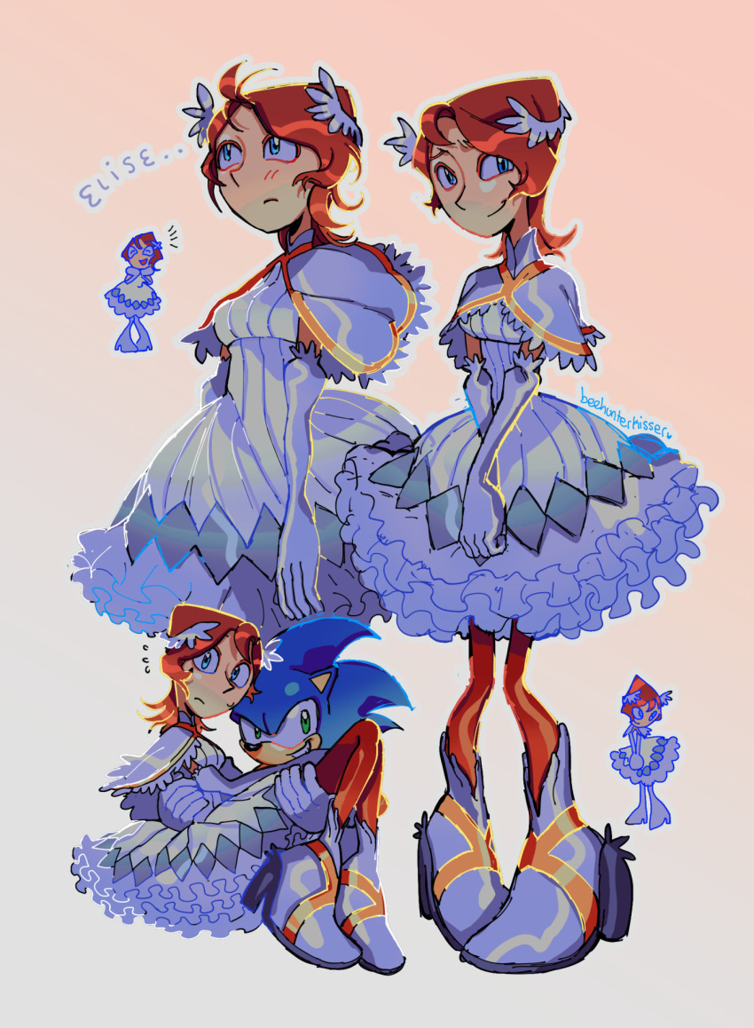 1boy, 1girl, beehunterkisser, blue_eyes, boots, brown_hair, capelet, carrying, carrying_person, collage, dress, elbow_gloves, english_commentary, furry, furry_male, gloves, grin, hair_ornament, hedgehog_boy, high_heel_boots, high_heels, highres, looking_at_viewer, multiple_views, princess_carry, princess_elise_the_third, smile, sonic_(series), sonic_the_hedgehog, sonic_the_hedgehog_(2006), white_dress, white_gloves, wing_hair_ornament