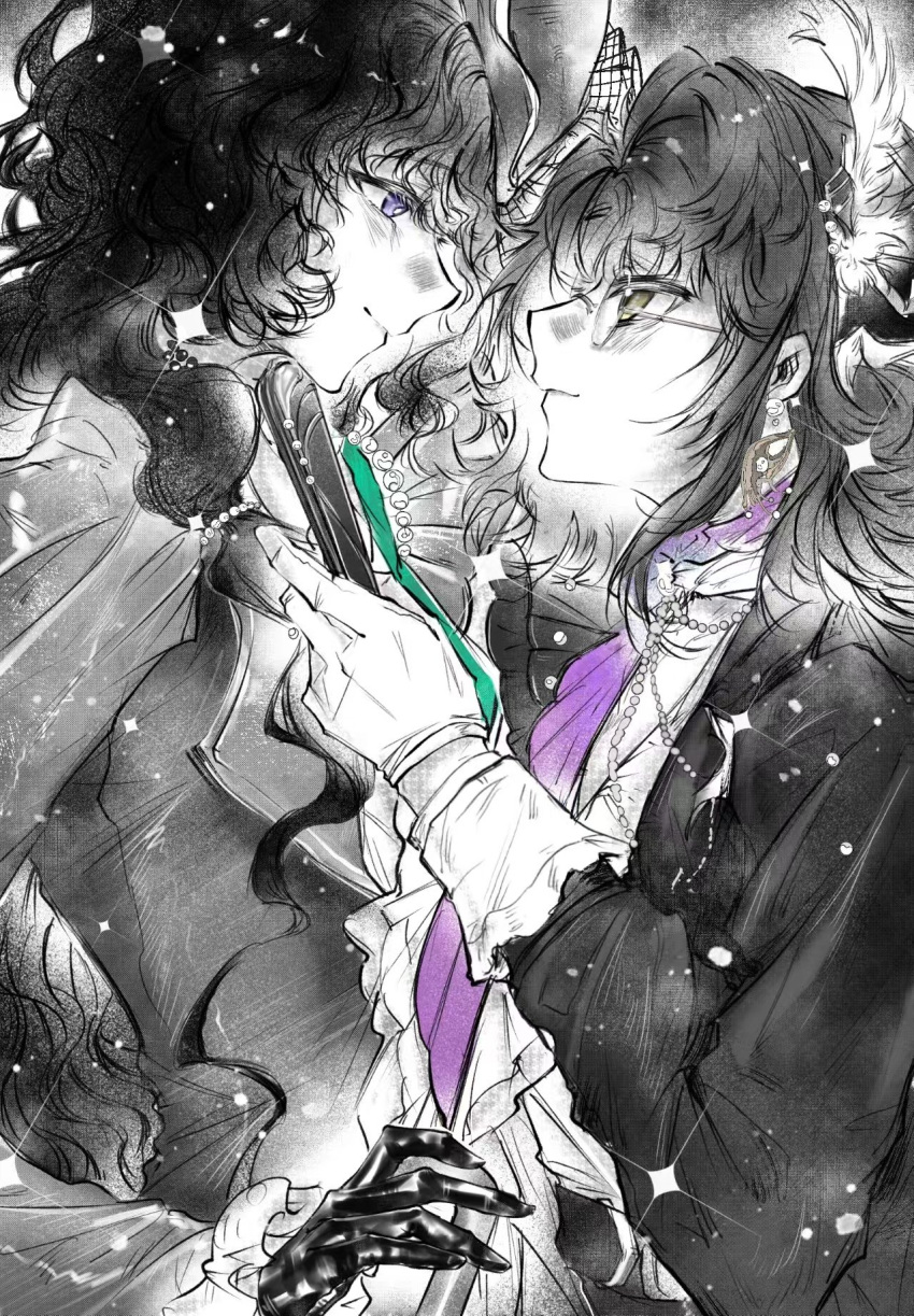 2girls, cane, couple, eat_cola, eye_contact, face-to-face, feather_hair_ornament, feathers