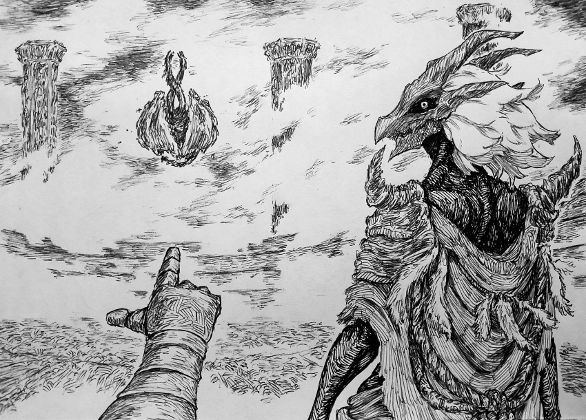 1girl, 1other, absurdres, chronozbergh, dragon, dragon_communion_priestess, dragon_girl, dragon_horns