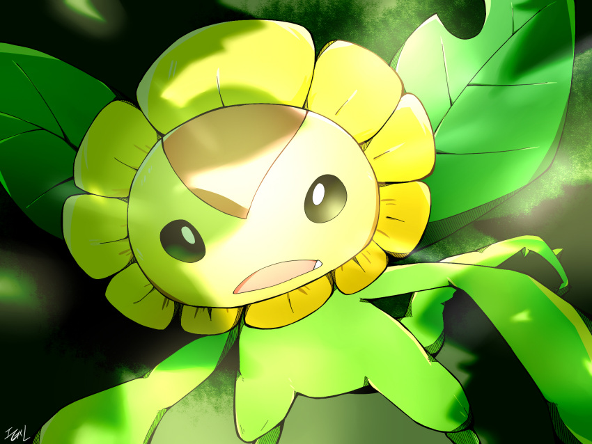 digimon, digimon_(creature), fang, flower, highres, kathygreyxl, leaf, looking_at_viewer, no_humans, open_mouth, petals, plant_monster, solo, sunflowmon, wings