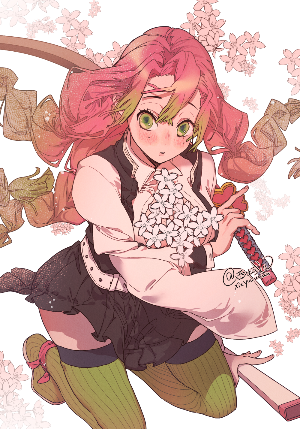 1girl, artist_name, belt, black_skirt, blush, braid, breasts, demon_slayer_uniform