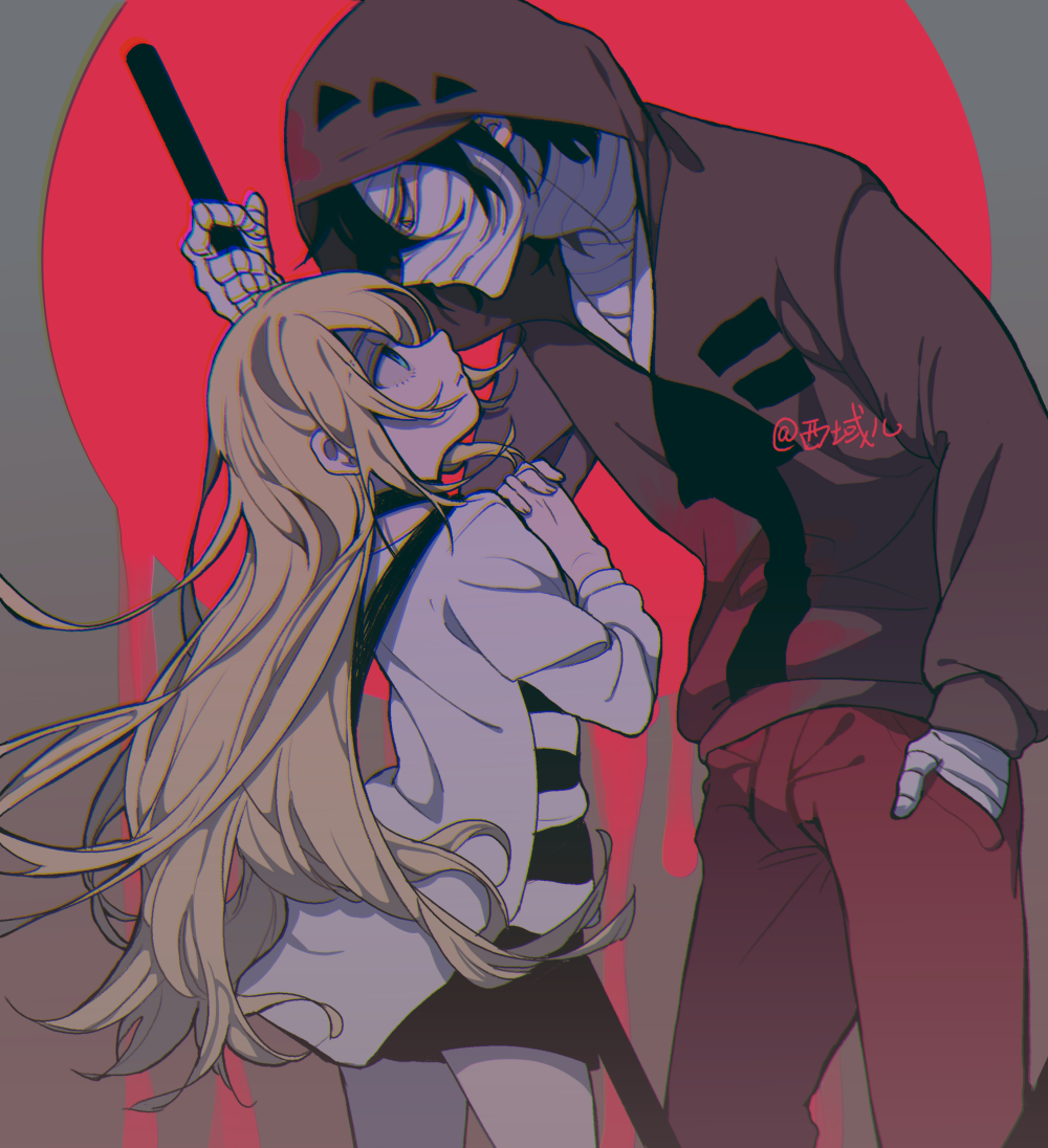 1boy, 1girl, artist_name, bandage_on_face, bandaged_hand, bandaged_head, bandages, black_hair