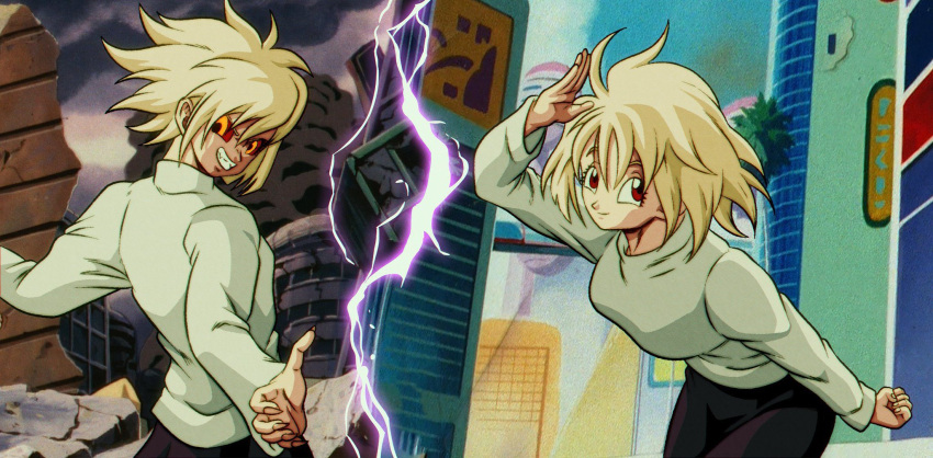 1girl, ahoge, arcueid_brunestud, arms_at_sides, blonde_hair, breasts, city, clouds