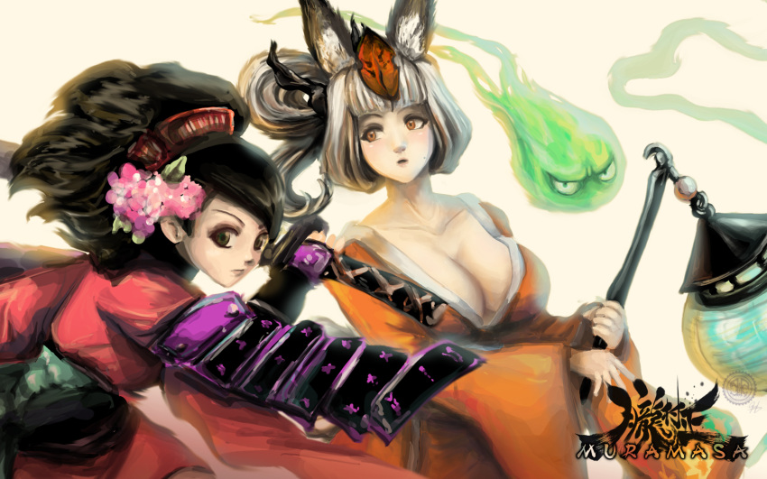 animal_ears, armor, black_hair, breasts, cleavage, collarbone, comb, flower